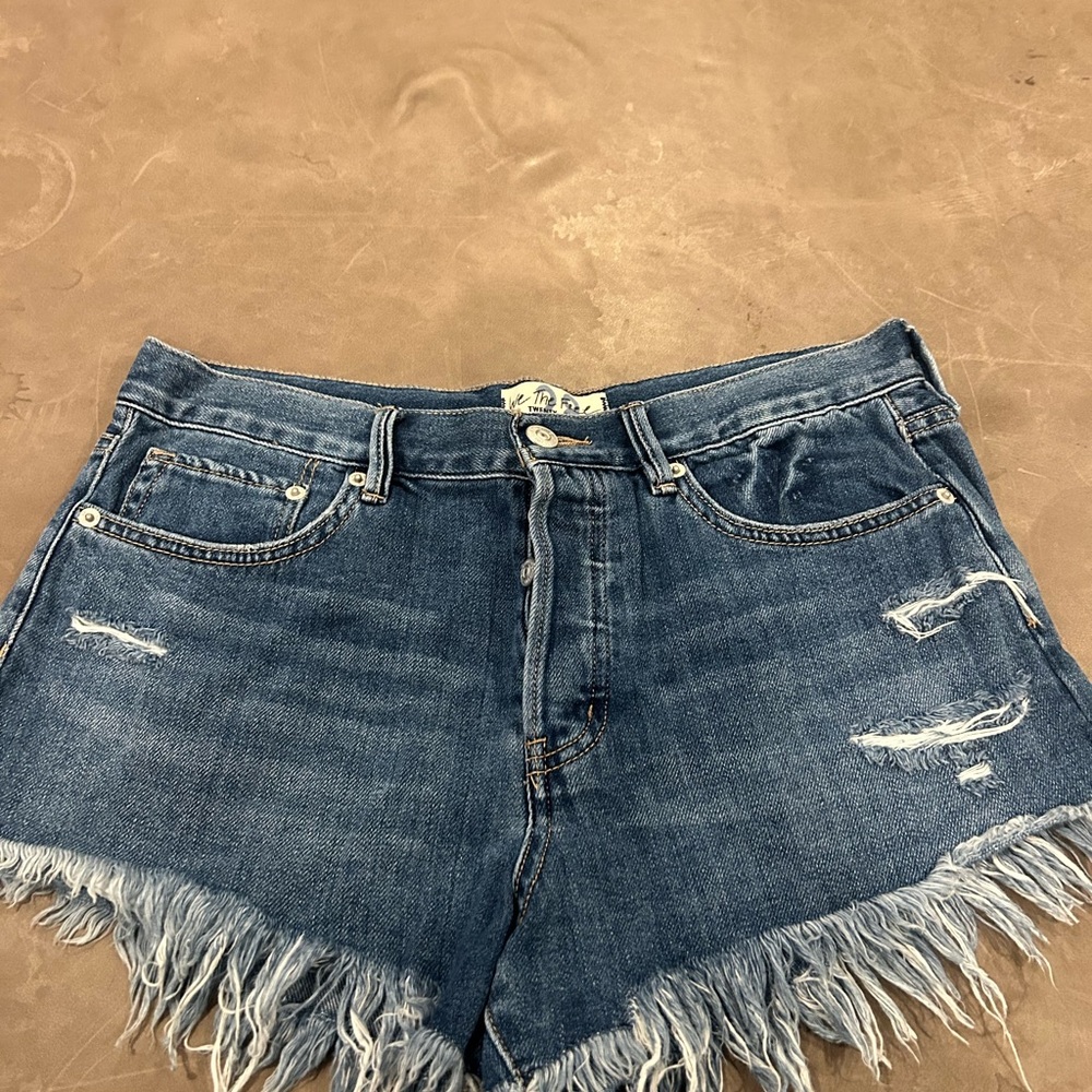 We The Free Blue Jean Shorts with Frayed Hem and Distressed Details